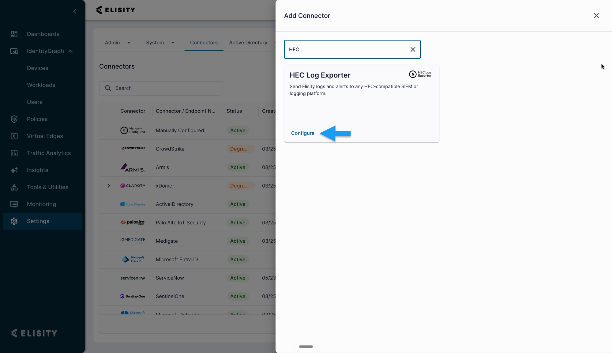Add Connector panel with the HEC Log Exporter tile and the Configure link