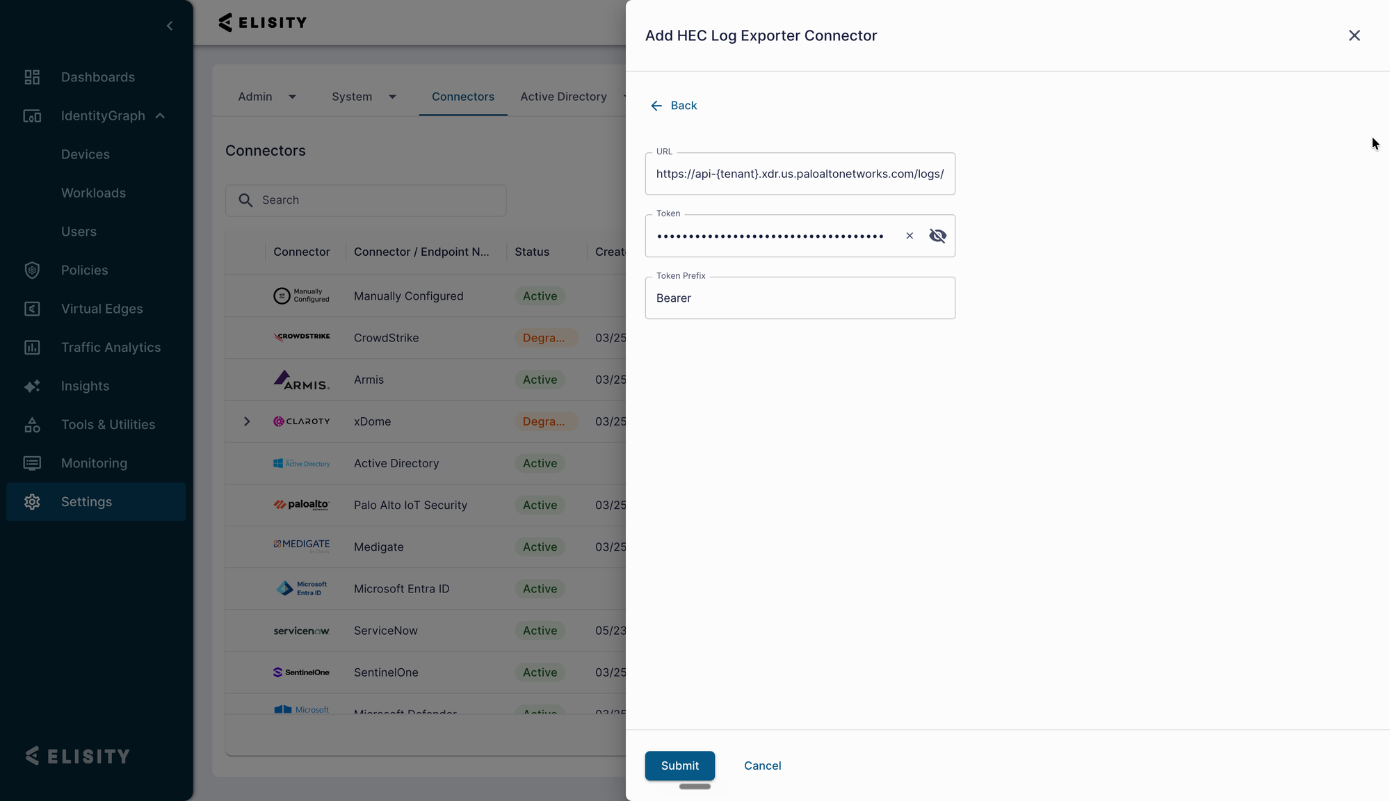 Add HEC Log Exporter Connector form showing the URL, Token, and Token Prefix fields