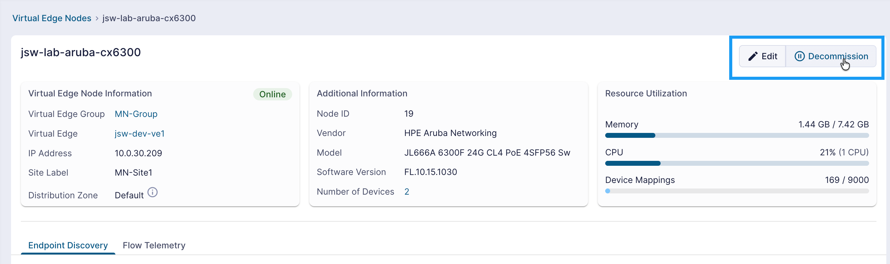 Decommission control in the Virtual Edge Node details view
